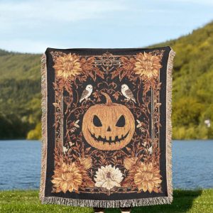 Halloween Pumpkin Tapestry Blanket A Jacquard Woven Throw With Jack-o'-Lantern